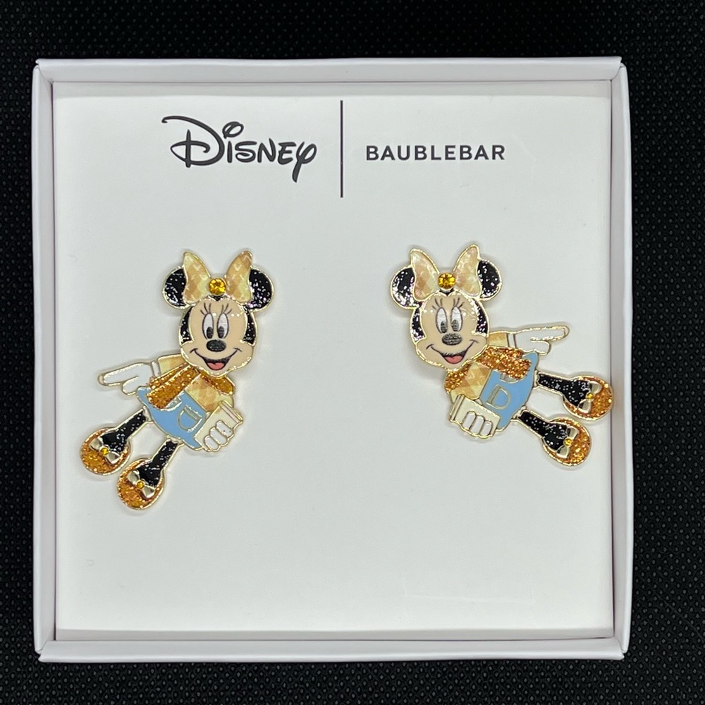 NEW BaubleBar x Disney Minnie Mouse in Fall Clothes Holding Coffee Earrings